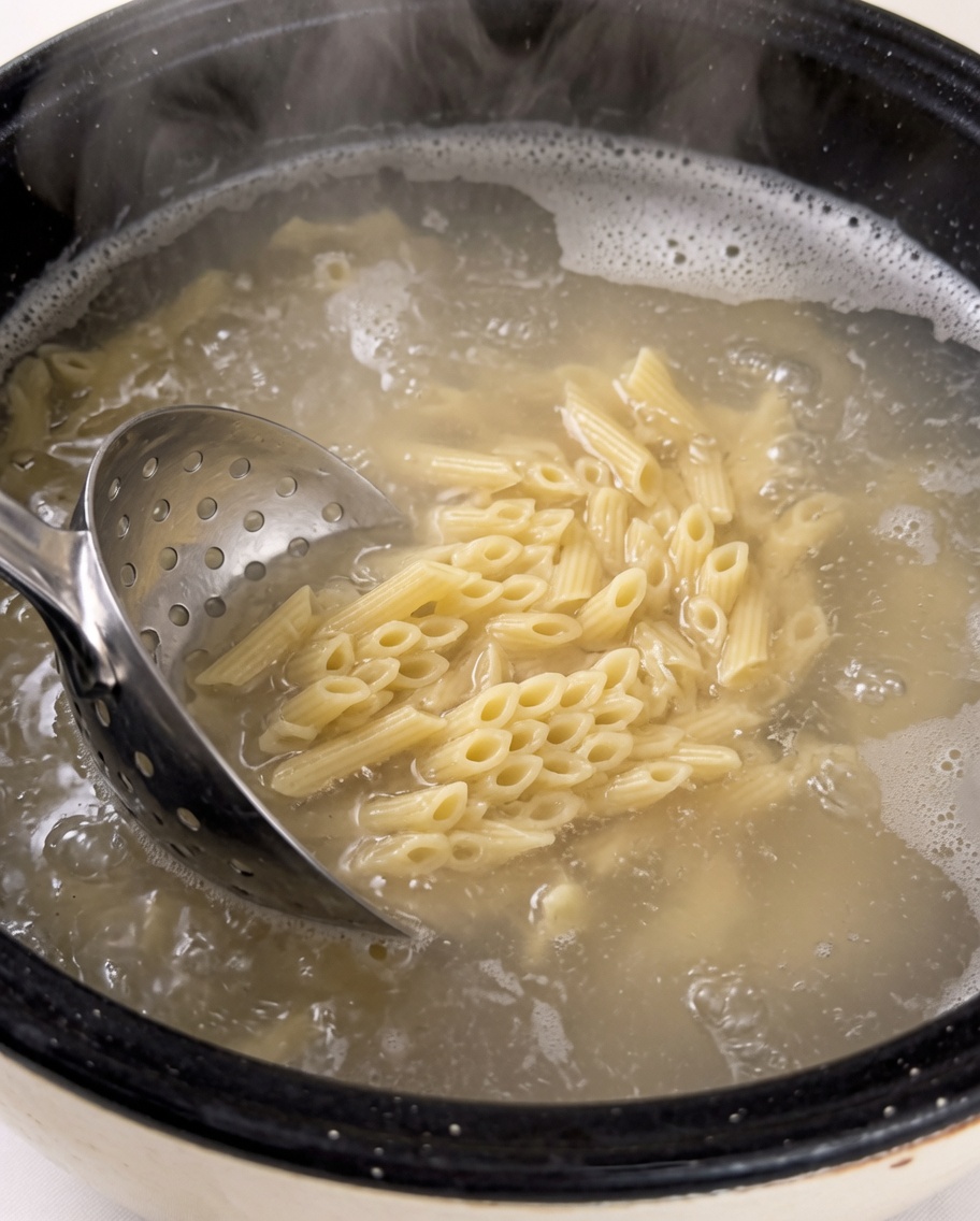 Pasta penne siendo removida en agua hirviendo con una espumadera de metal.