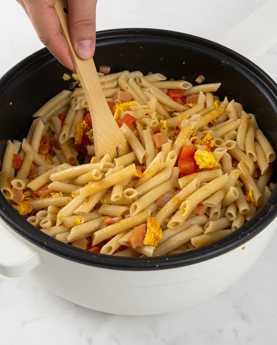 Una sartén conteniendo penne mezclado con pimientos rojos, carne y huevo revuelto, siendo removido con una cuchara de madera.