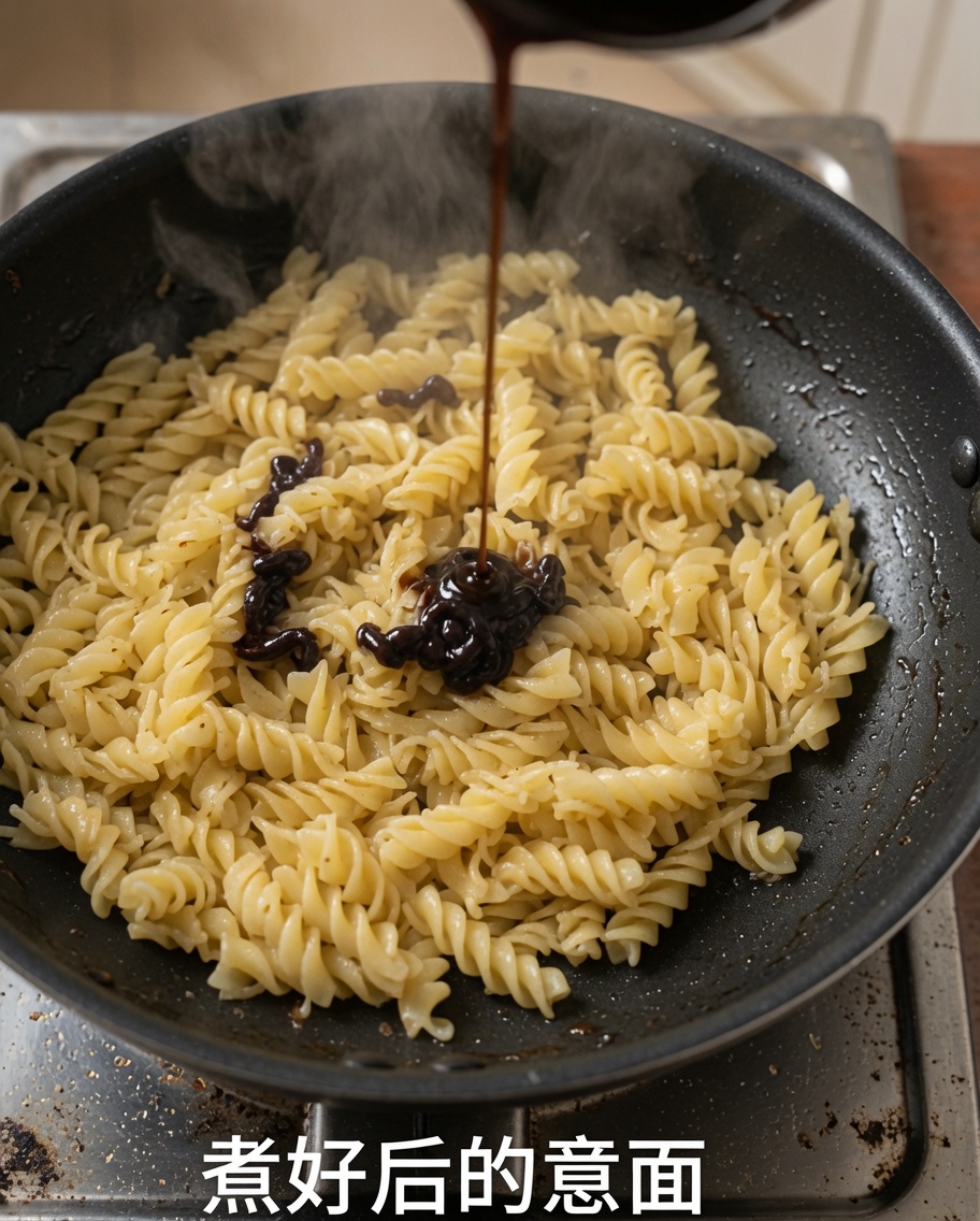 Salsa de pimienta negra vertida sobre pasta fusilli cocida en una sartén.