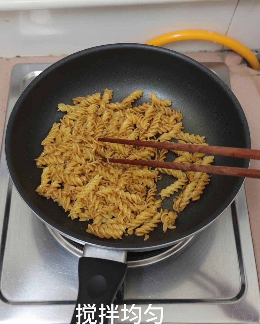 Pasta y salsa de pimienta negra mezclándose en una sartén con palillos.