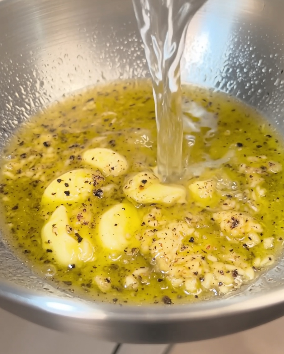Una salsa cremosa y emulsionada en el cuenco después de batir la mantequilla, el aceite y el agua de la pasta.