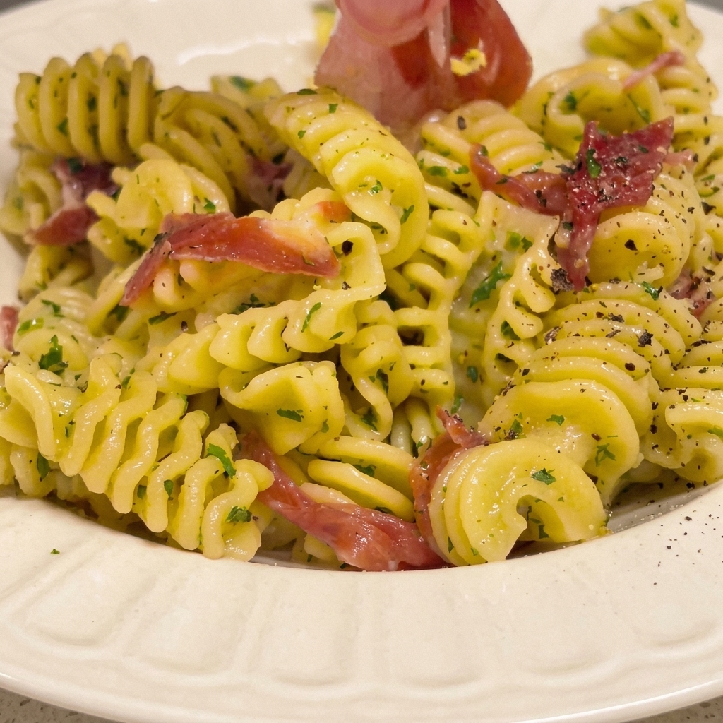 Perejil seco espolvoreado sobre el plato de pasta en un cuenco para servir.