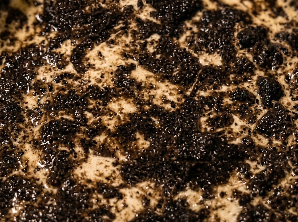 Champiñones en rodajas distribuidos sobre una capa de salsa de trufa negra en la pizza.