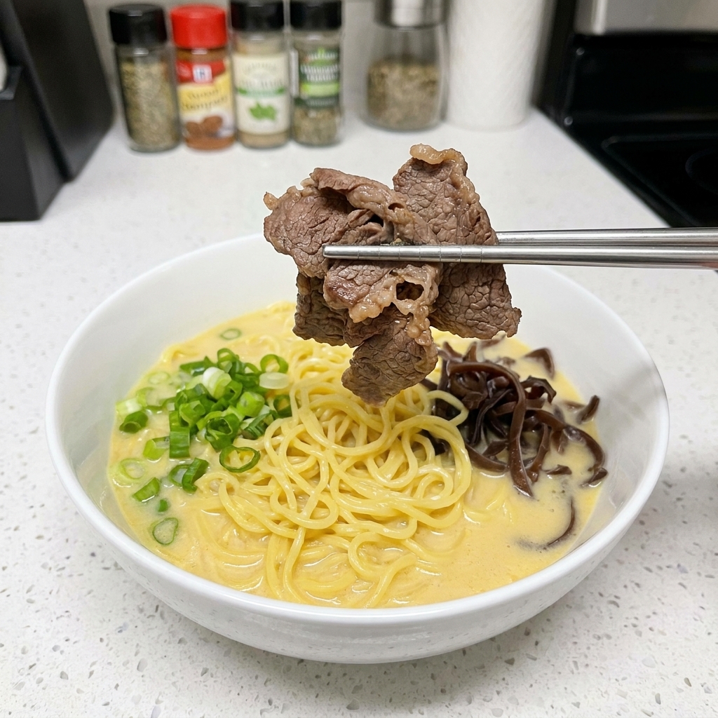 Primer plano de palillos levantando finas láminas de carne de res cocida para colocar sobre un bol de ramen.