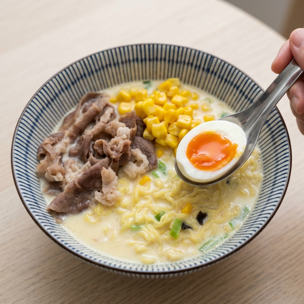 Primer plano de un huevo pasado por agua cortado a la mitad con la yema cremosa siendo colocado en un bol de ramen.