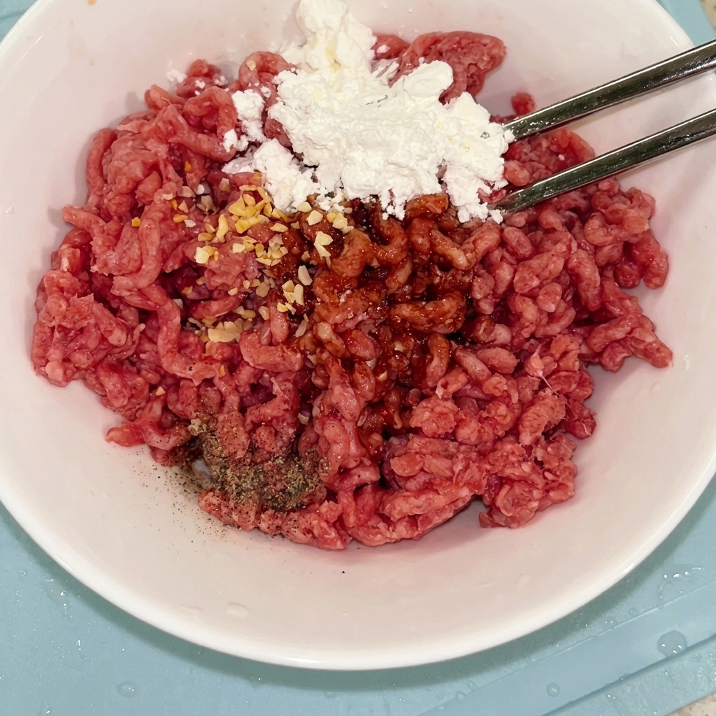 Carne picada en un tazón mezclada con condimentos y almidón usando palillos.