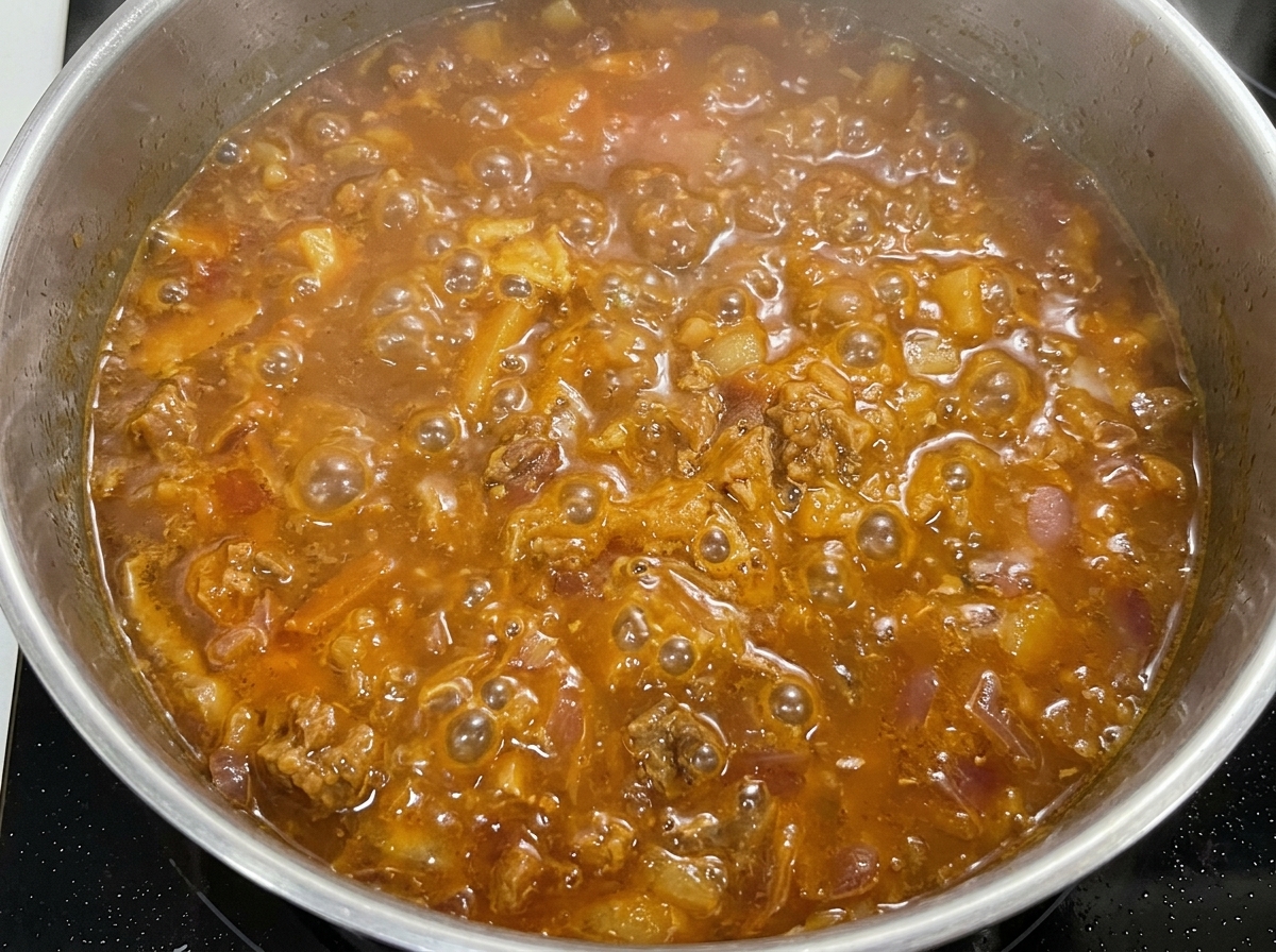 Primer plano de una sartén con una rica mezcla burbujeante de carne y cebolla, con cebolletas frescas recién espolvoreadas encima.