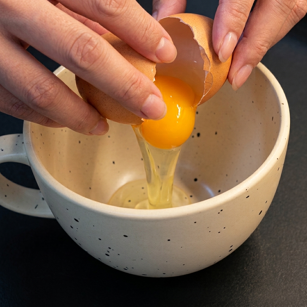 Dos huevos en un tazón moteado siendo batidos con un par de palillos.
