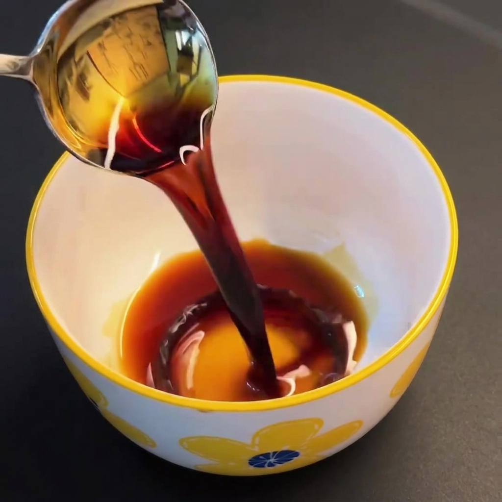 Salsa de soja, salsa de ostra y otros condimentos siendo mezclados en un tazón para crear una salsa uniforme.