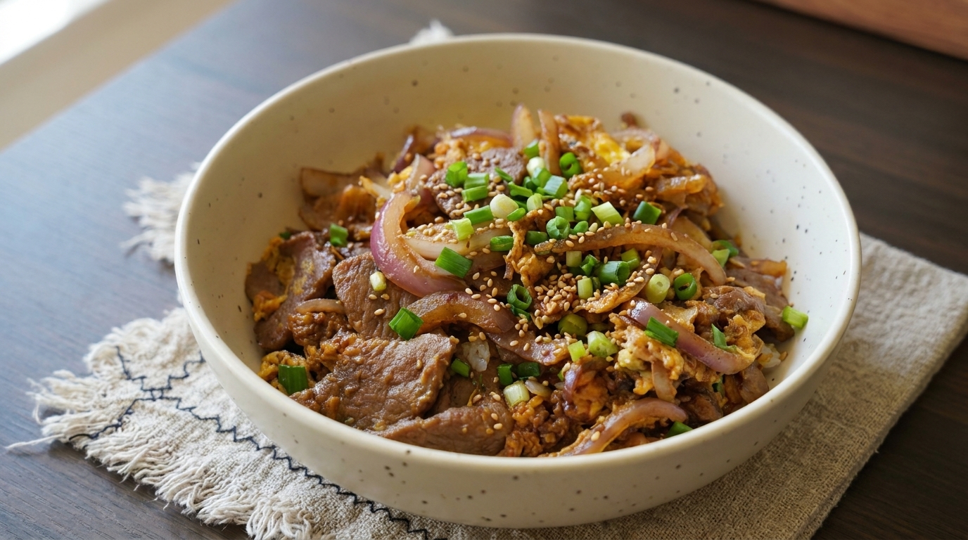 Tazón de Arroz con Ternera y Cebolla (Estilo Gyudon)