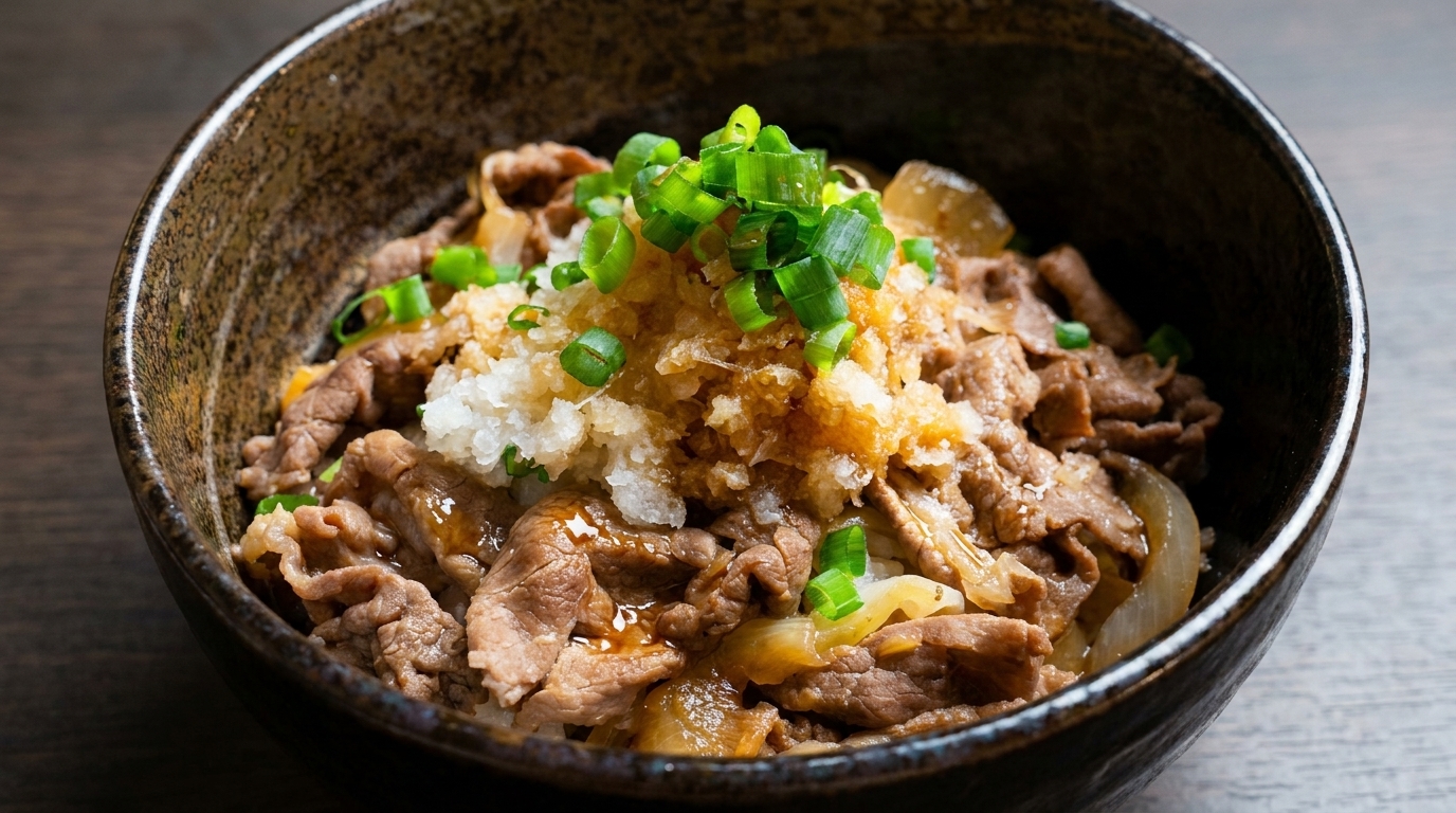 Gyudon de ternera con daikon rallado