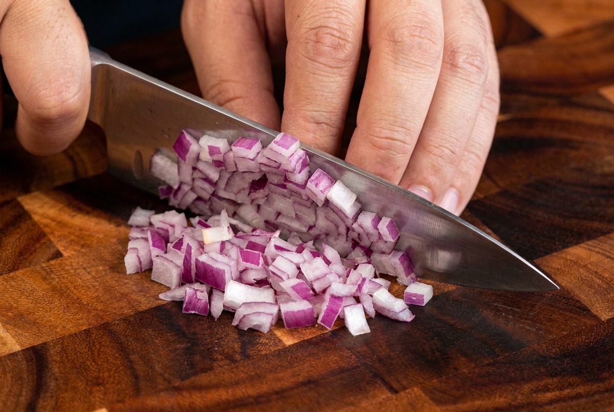 Trozos de cebolla morada recién picada sobre una tabla de madera.