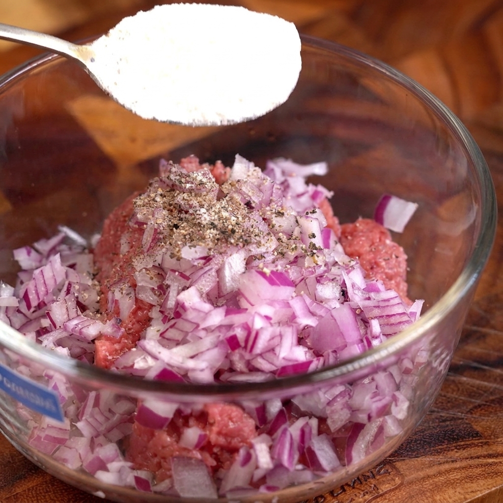 Un tazón con carne picada, cebolla, huevo y condimentos listos para mezclar.