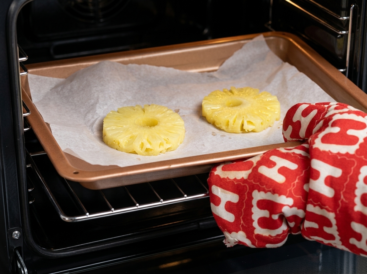 Rodajas de piña fresca dispuestas sobre una bandeja de horno con papel pergamino.