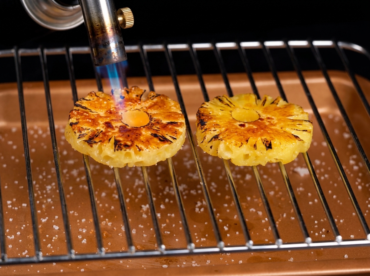 Rodajas de piña siendo quemadas con un soplete, mostrando una superficie de azúcar dorada.