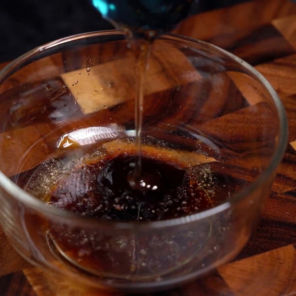 Primer plano de una salsa oscura siendo mezclada con una cuchara en un tazón de cristal.