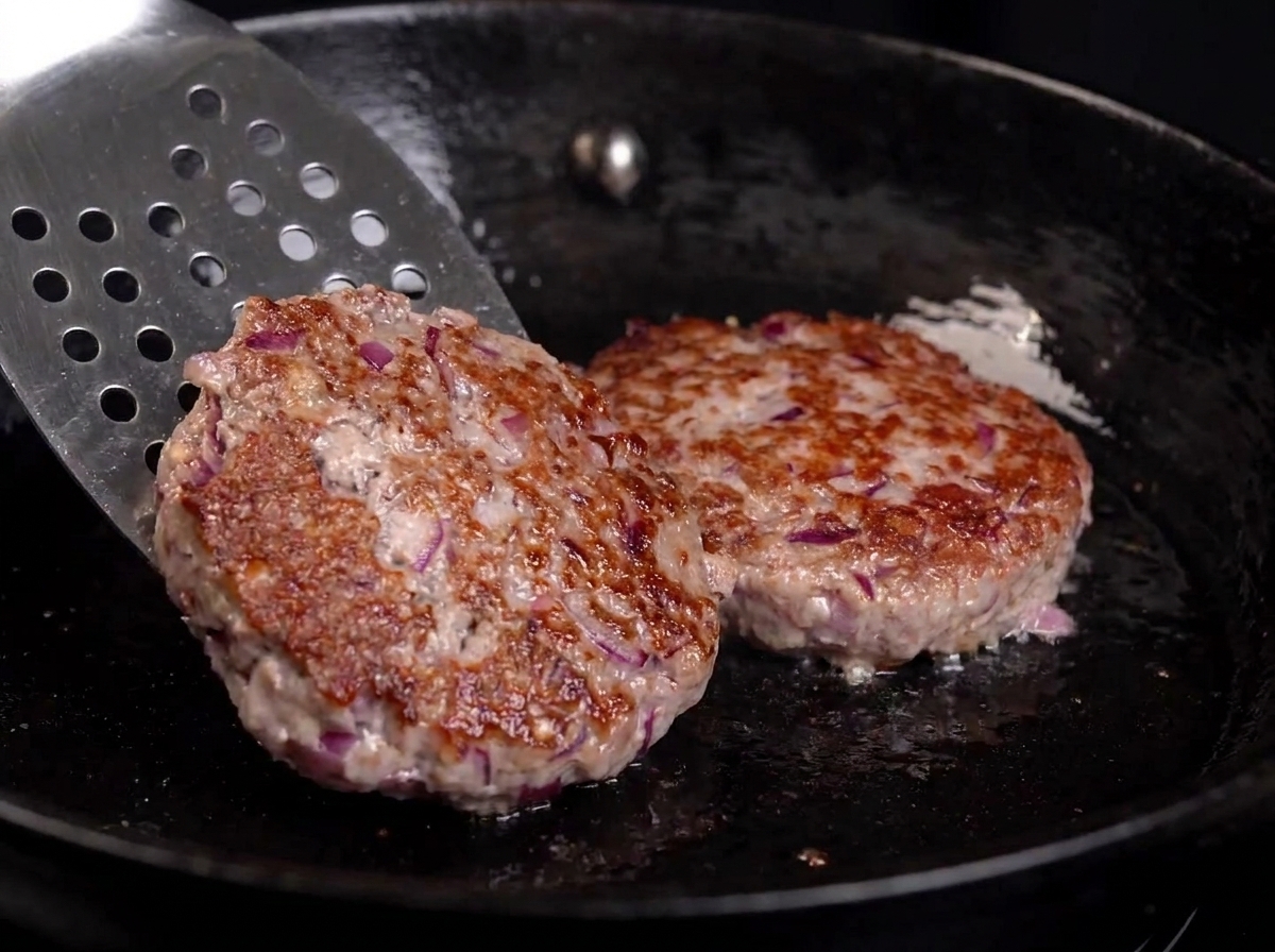 Una espátula volteando una hamburguesa, revelando una costra dorada intensa.