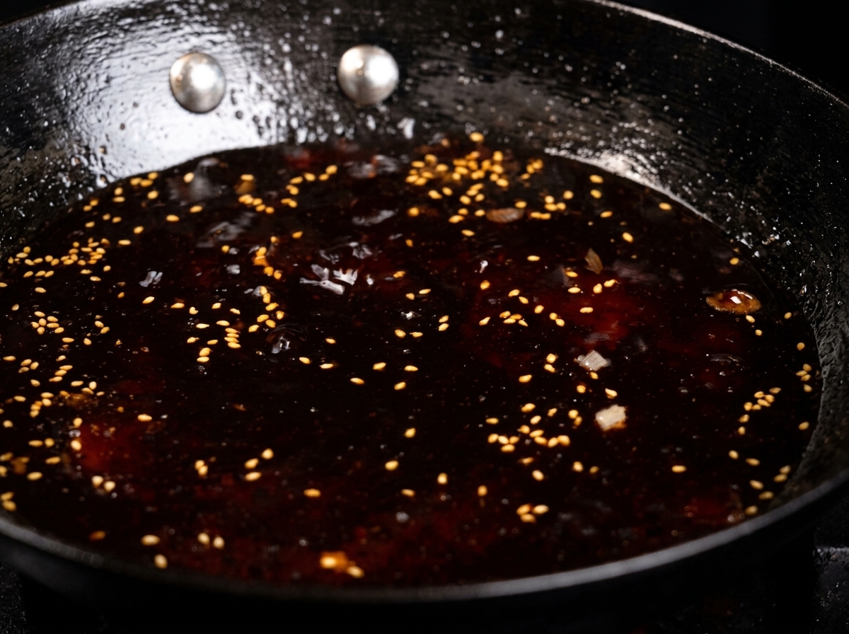 Una salsa oscura y espesa burbujeando en una sartén.