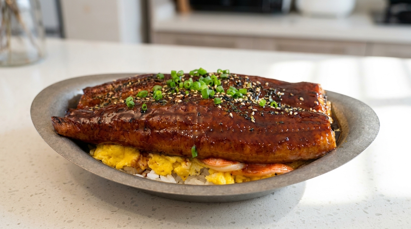 Don de anguila con huevos revueltos y surimi