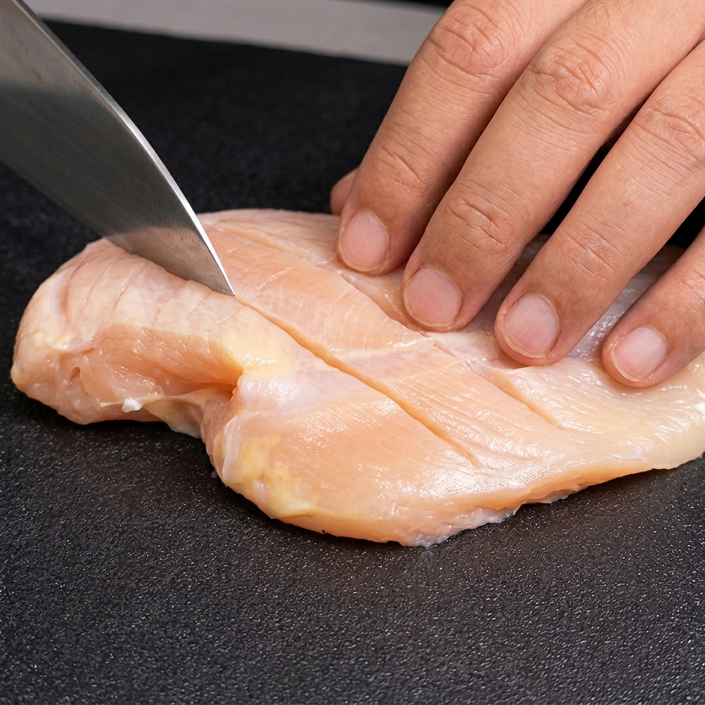 Una persona marcando una pechuga de pollo cruda en un patrón entrecruzado con un cuchillo afilado sobre una tabla de cortar.