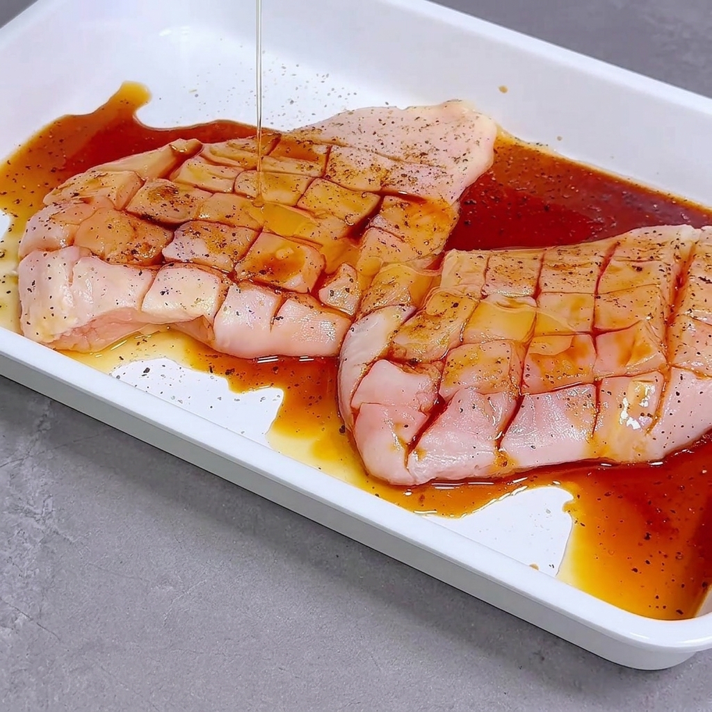 Vertiendo un marinado oscuro sobre pechugas de pollo marcadas en una bandeja blanca.