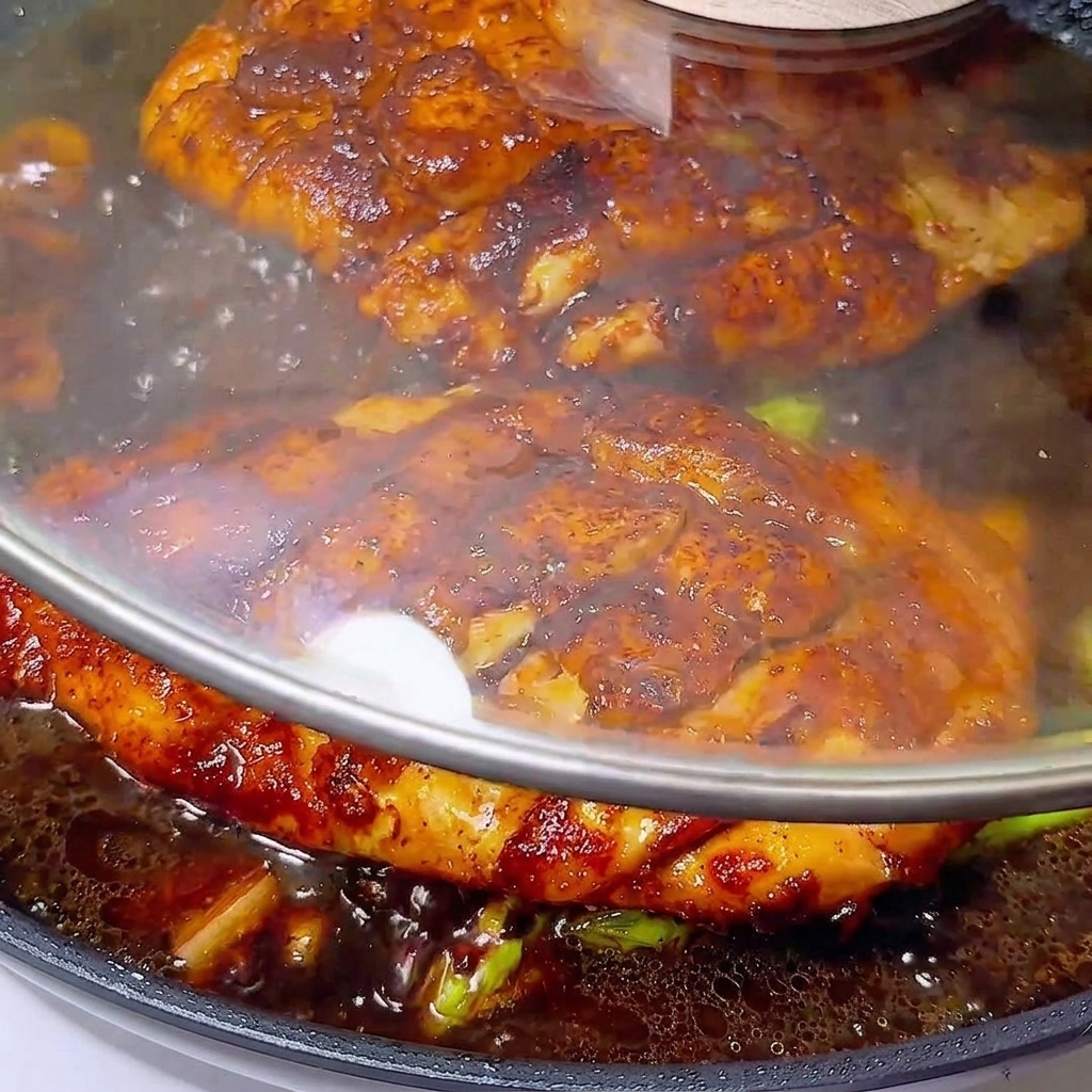Pollo glaseado dorado y espárragos verdes brillantes servidos en un plato, coronados con perejil fresco picado.