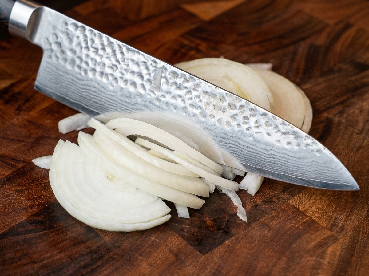 Trozos de cebolla blanca cortados finamente sobre una tabla de cortar de madera junto a un cuchillo de chef.