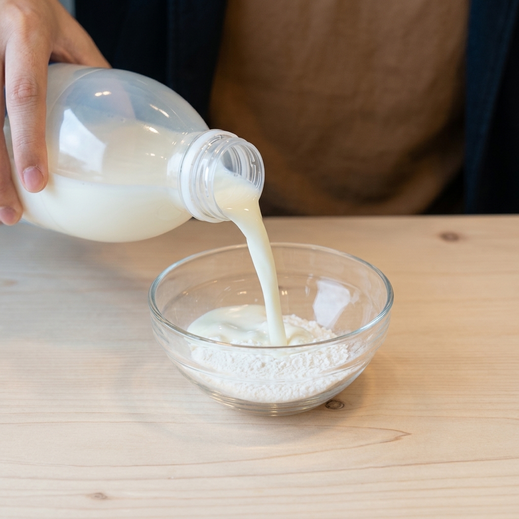 Un pequeño cuenco de cristal con harina de batata mientras se vierte leche sobre ella.