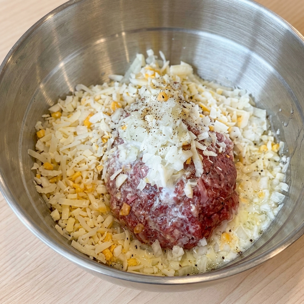 Mezcla de carne picada en un cuenco grande cubierta con queso rallado, cebollas y pimienta negra recién molida.