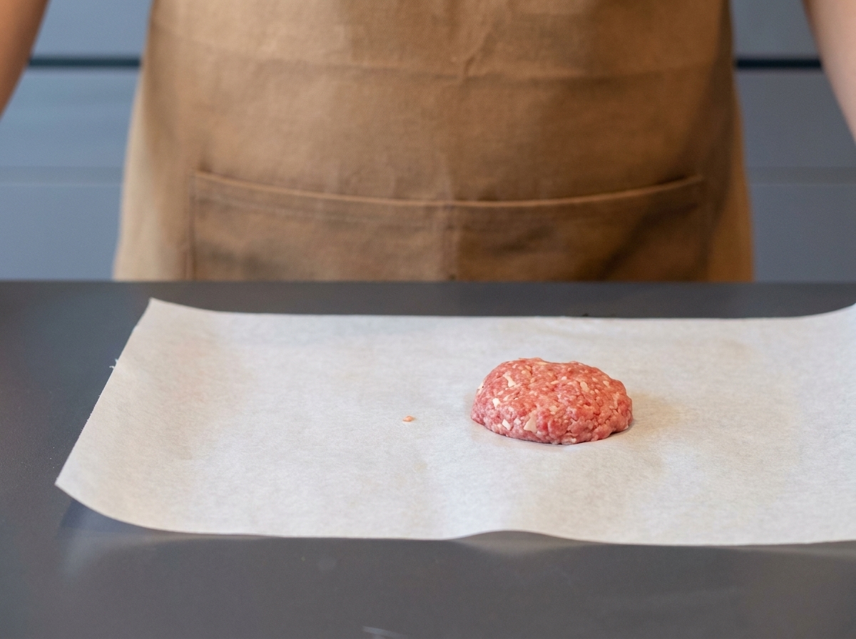 Una hamburguesa de carne cruda perfectamente formada sobre papel de horno, lista para cocinar.
