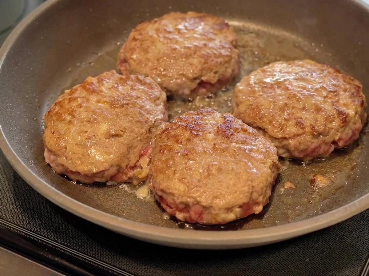 Un trozo de mantequilla derritiéndose en una sartén alrededor de tres hamburguesas dorándose.