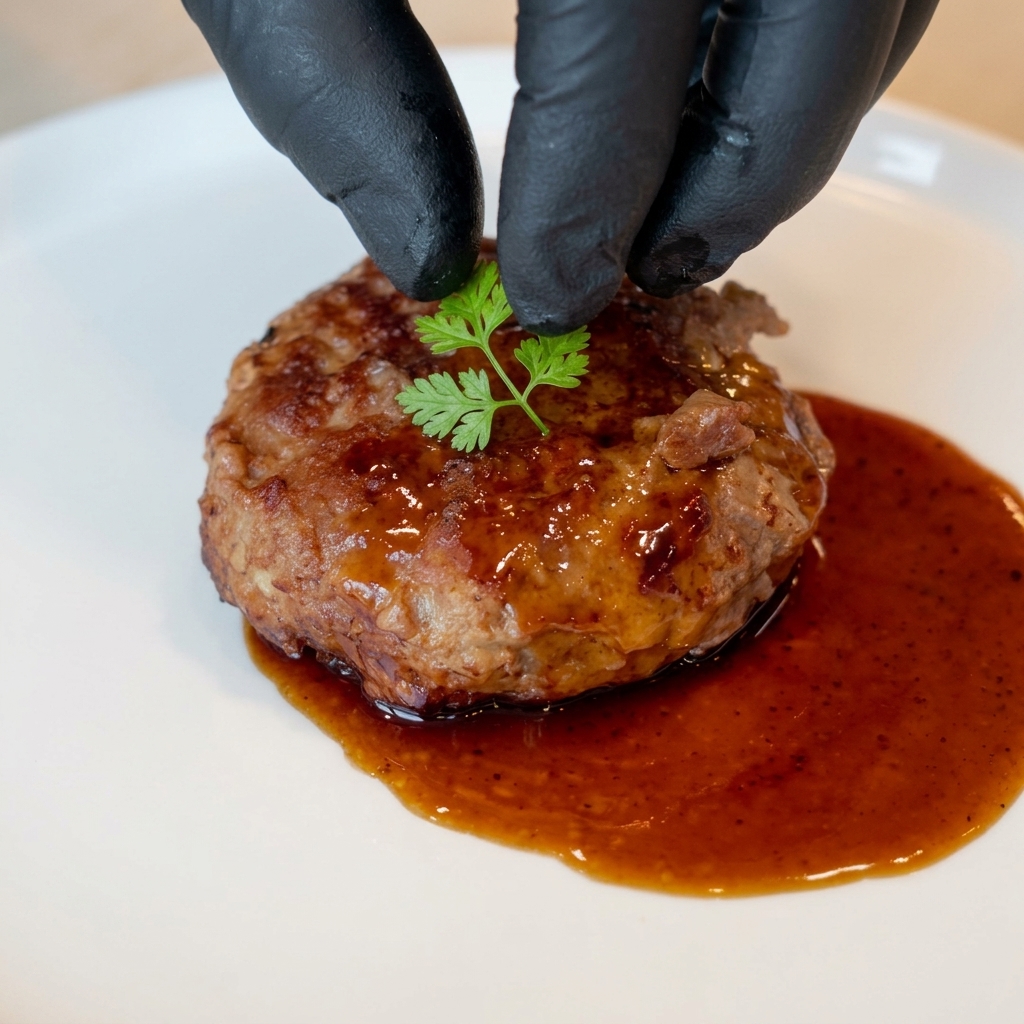 Primer plano de una hamburguesa jugosa en un plato blanco, decorada con una delicada guarnición de cebolleta fresca picada.