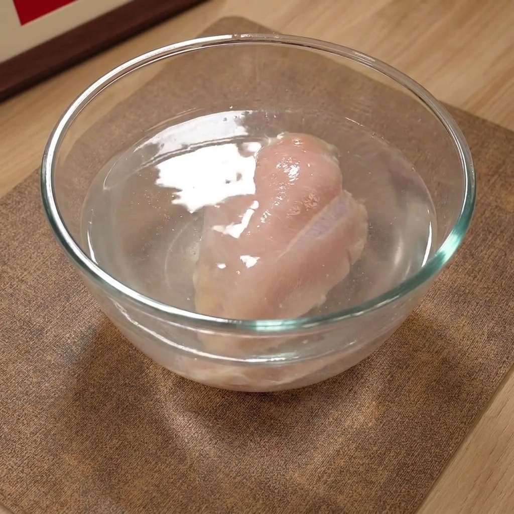 Primer plano de una pechuga de pollo sumergida en un bol de cristal con agua salada.