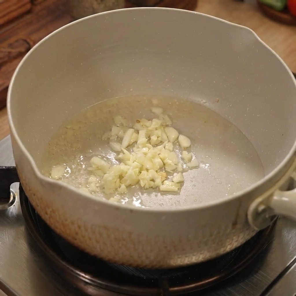 Ajo y cebolla picados cocinándose en una olla, brillando con el aceite.