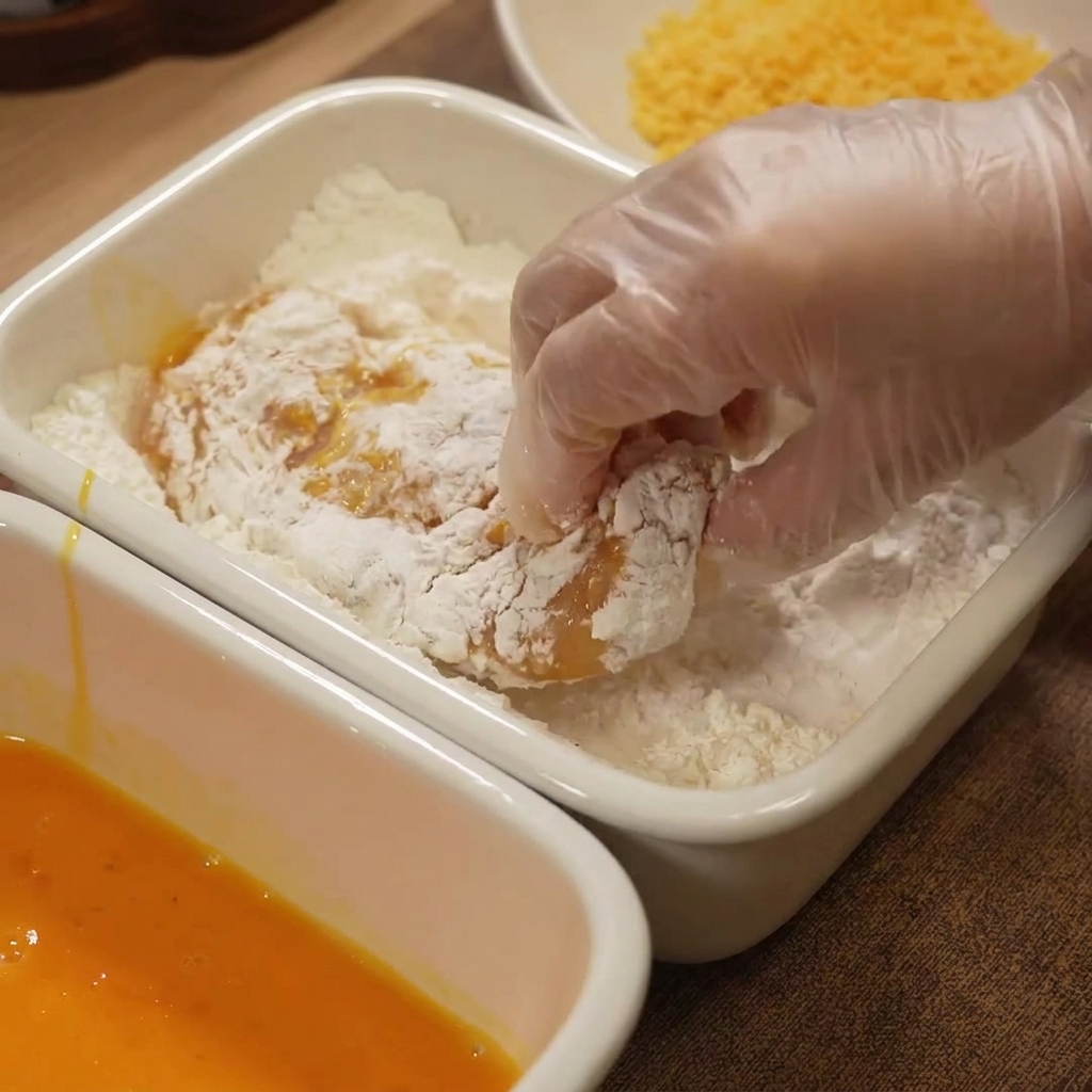 Pechuga de pollo presionándose contra una capa de harina blanca.