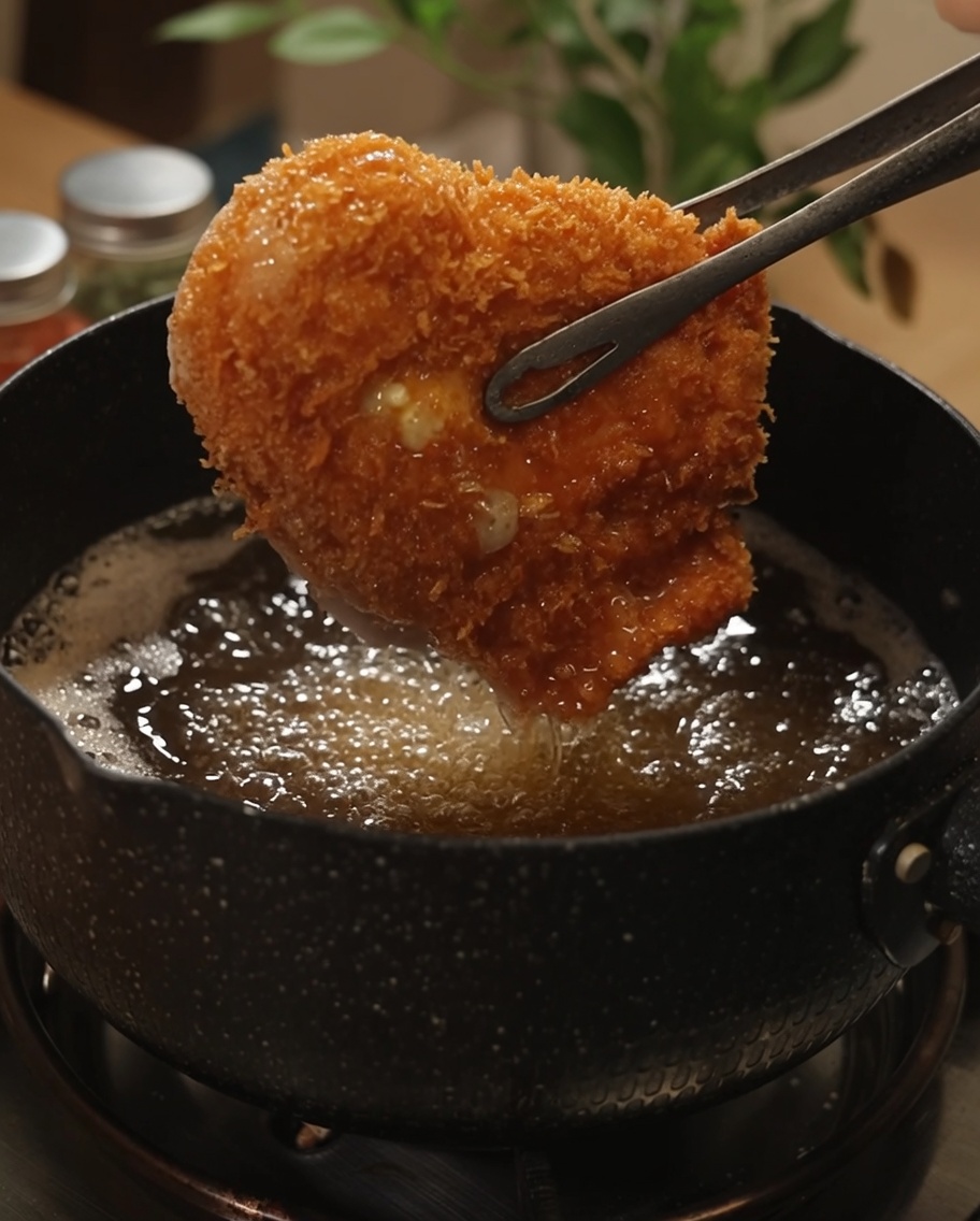 Un filete de pollo empanizado y dorado siendo sacado del aceite caliente con unas pinzas de metal.