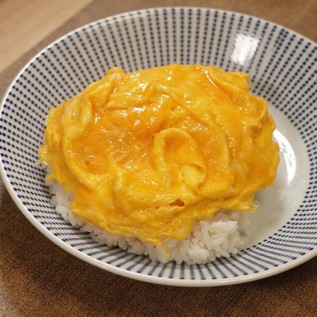 Un tazón completo con una base de arroz blanco cubierto con huevos revueltos esponjosos, filete de pollo frito en rodajas y una rica salsa de curry.