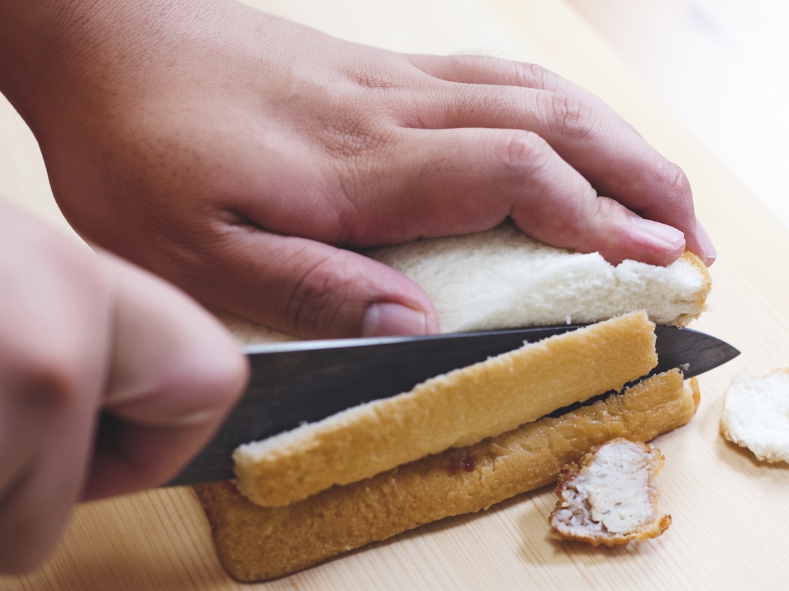 Un par de manos usando un cuchillo de chef para quitar las cortezas de un sándwich de pollo armado en una tabla de cortar.