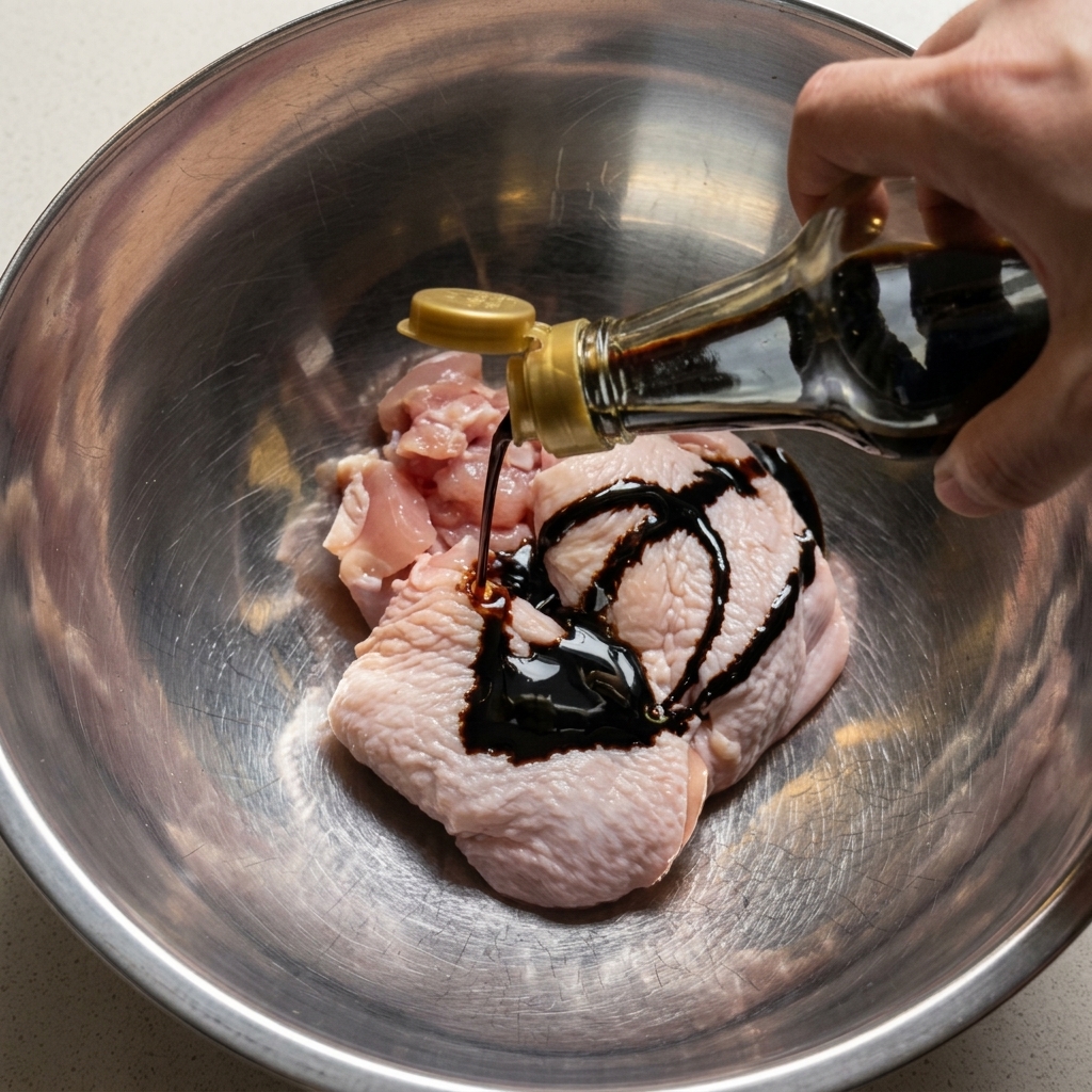 Muslos de pollo crudos sumergidos en un adobo oscuro en un bol de acero inoxidable.
