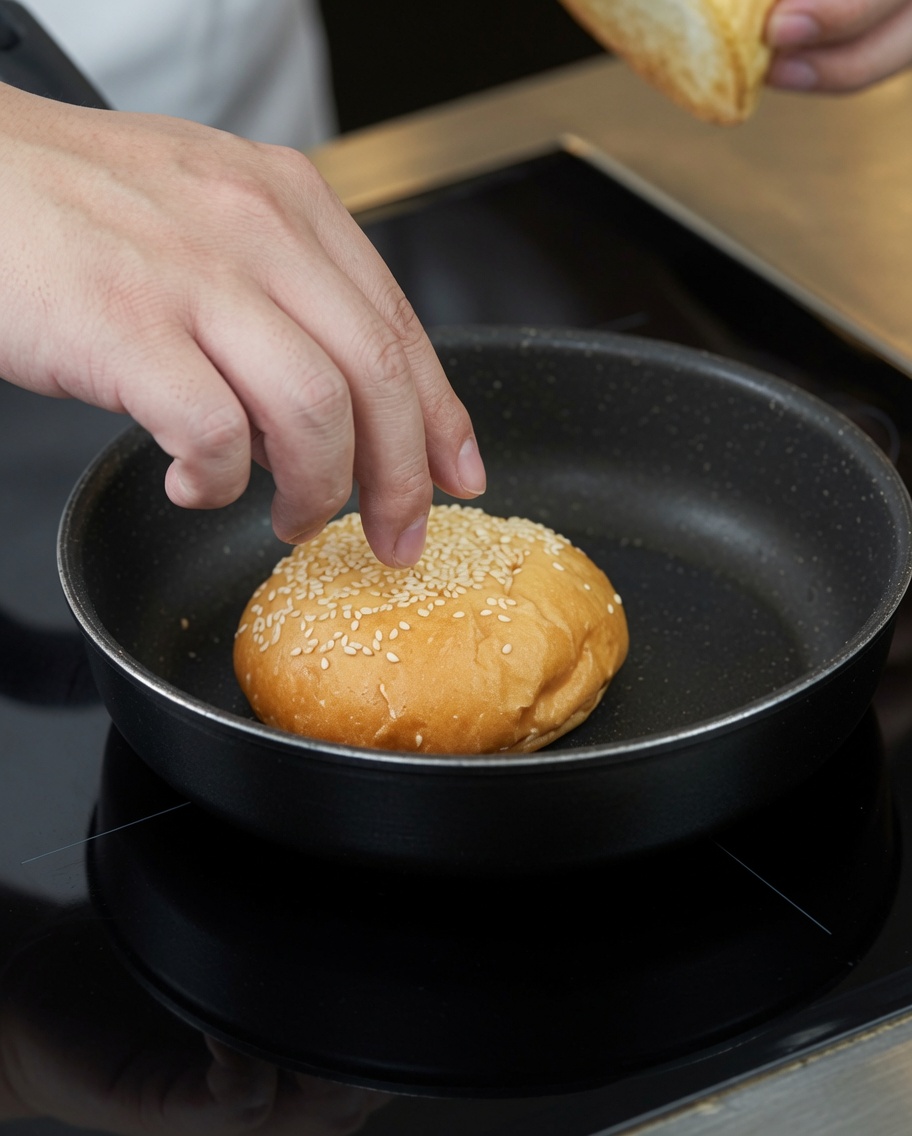 Un pan de hamburguesa tostándose en una sartén antiadherente sobre una estufa negra.