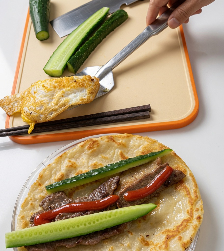 Chuleta de cerdo sobre un pancake con huevo frito, bastones de pepino y un hilo de kétchup.