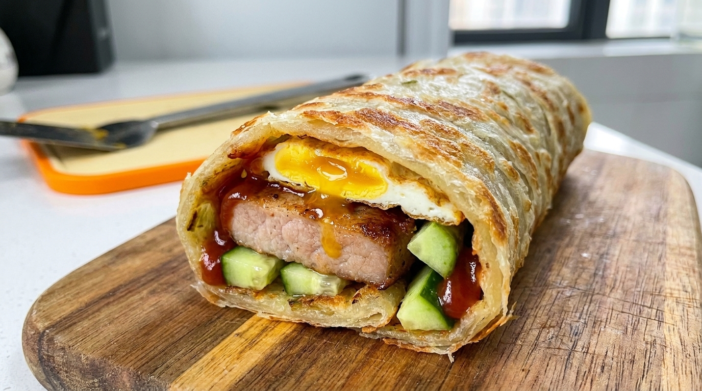 Wrap de Pancake de Cebollino con Cerdo y Huevo