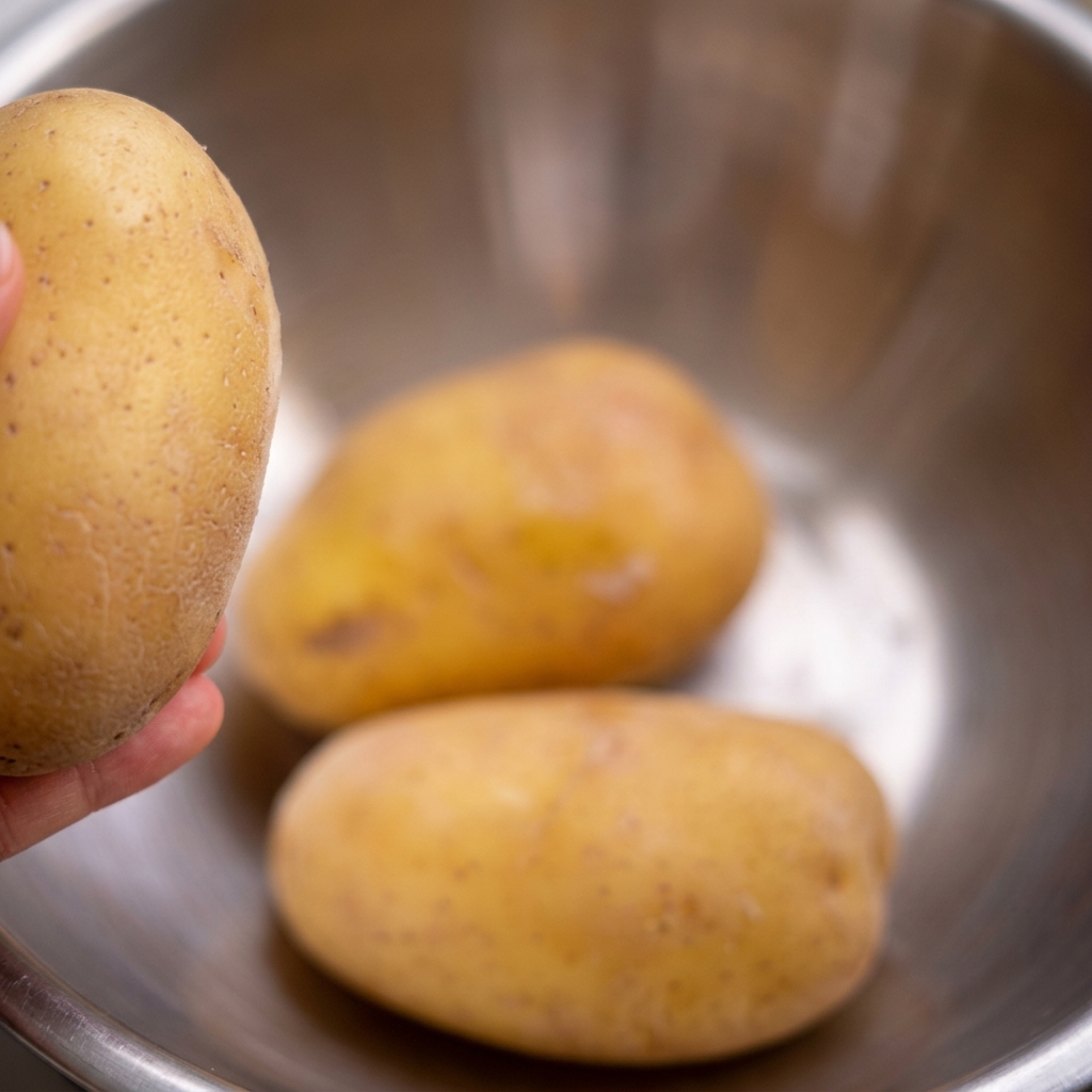 Papas congeladas en un bol de acero inoxidable con agua fría.