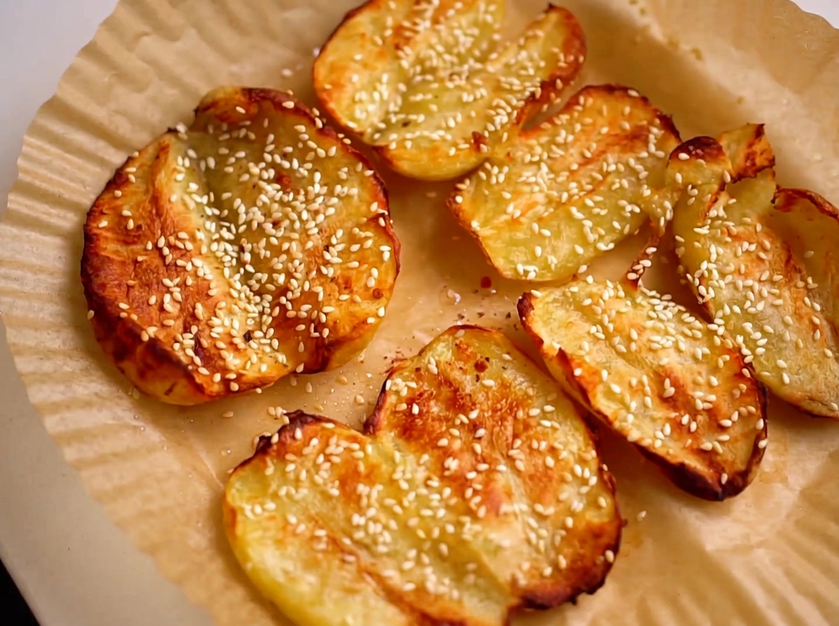 Primer plano de chile en polvo siendo espolvoreado sobre papas asadas doradas.