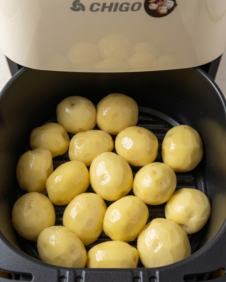 Aceite en spray rociándose uniformemente sobre las patatas en la cesta de la freidora.
