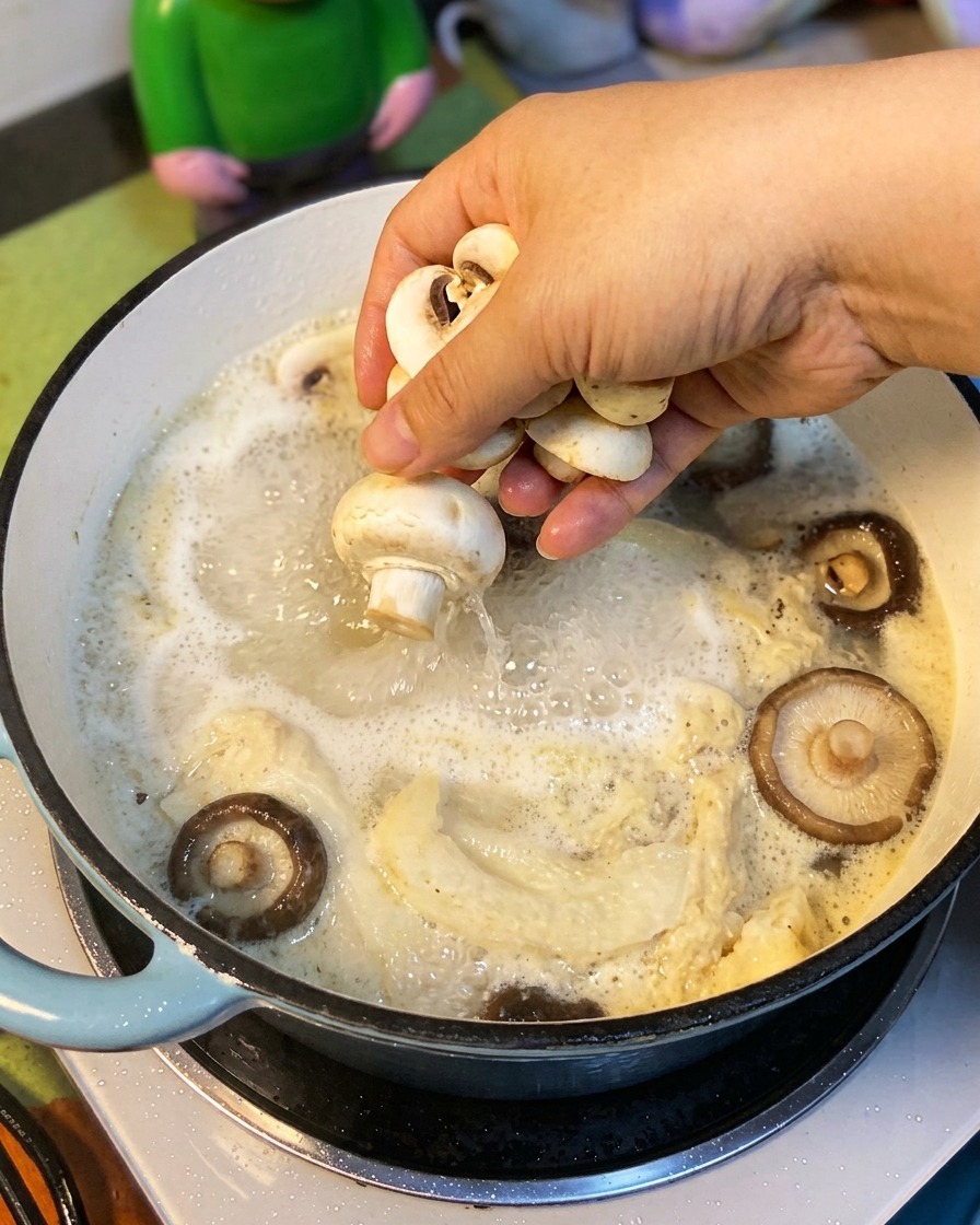 Setas en rodajas siendo añadidas a la sopa.