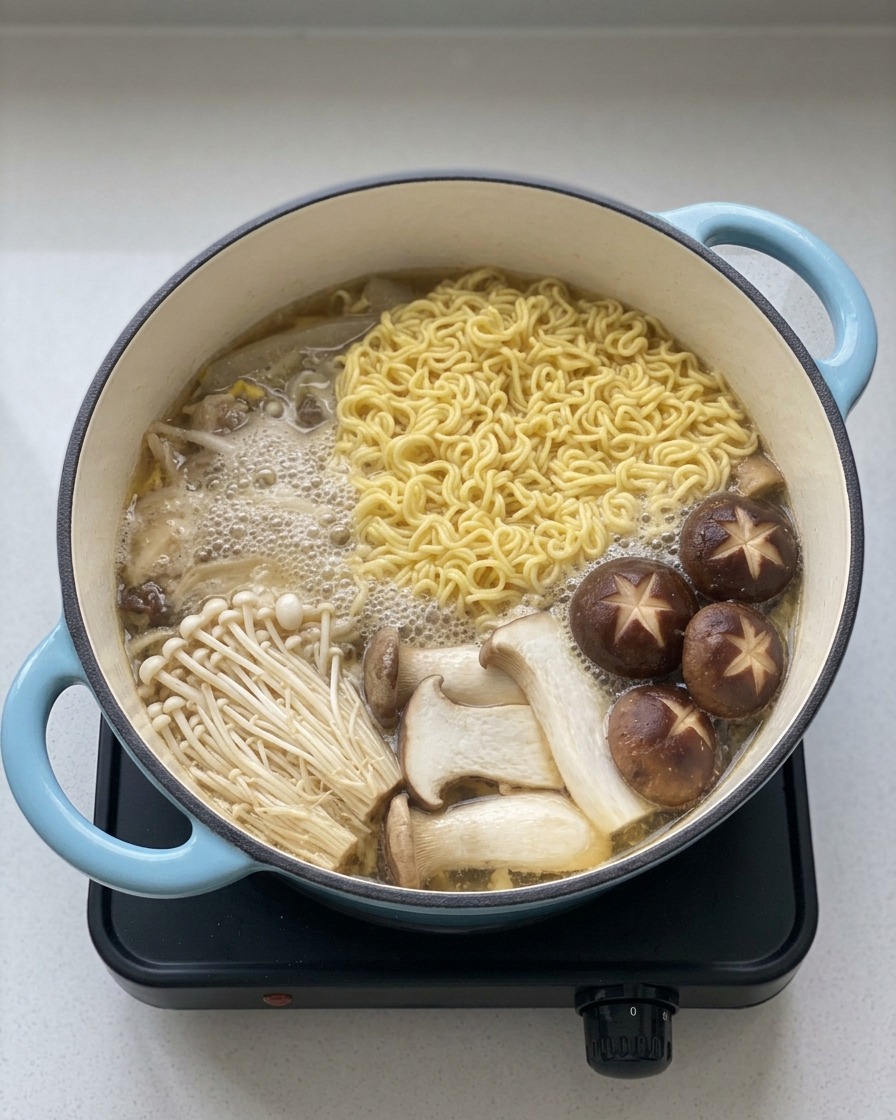Una cucharada de sal siendo añadida a la olla con fideos, pollo y setas.