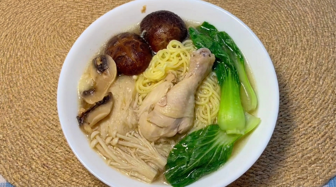 Sopa reconfortante de pollo y setas con fideos