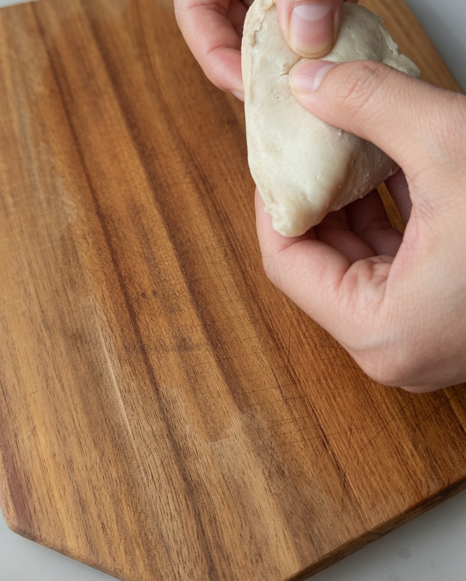 Primer plano de manos desmenuzando pechuga de pollo cocida en tiras sobre una tabla de cortar de madera.