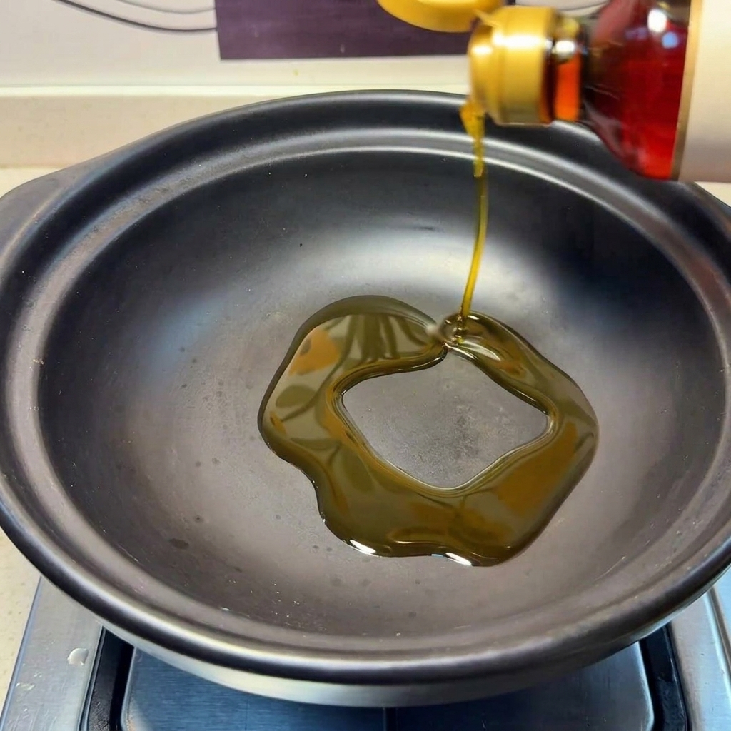 Rodajas de jengibre friéndose en aceite de sésamo aromático dentro de una olla de barro.